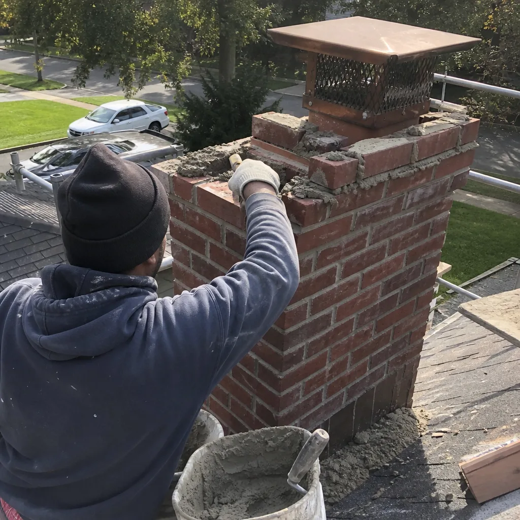 Professional chimney technician performing brick masonry repair on a rooftop chimney