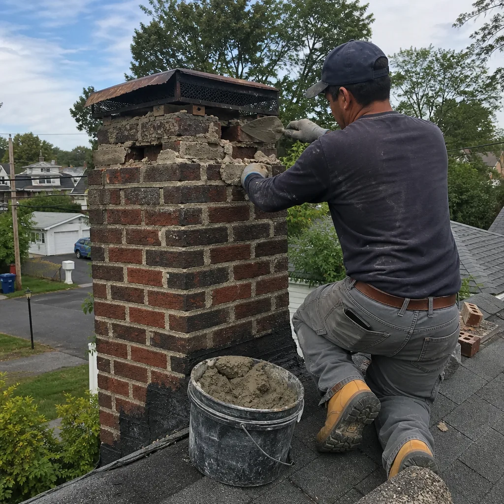 Mason performing professional chimney repair and brick restoration on a roof.