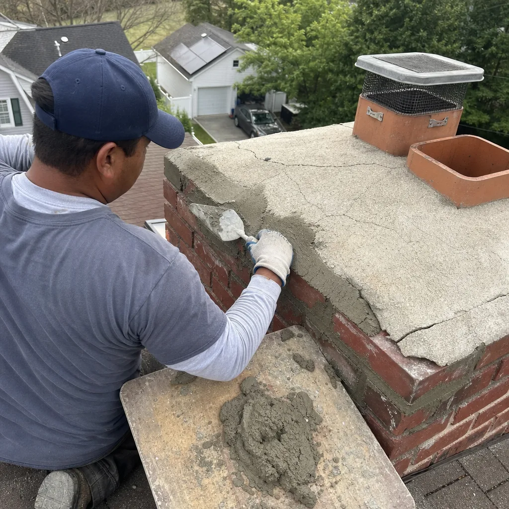 Professional contractor applying mortar repair to a brick chimney crown