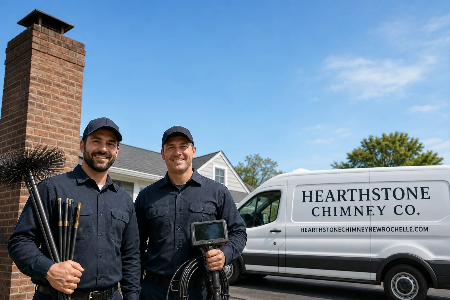 Hearthstone Chimney Co. chimney cleaning service vehicle and crew in New Rochelle, NY